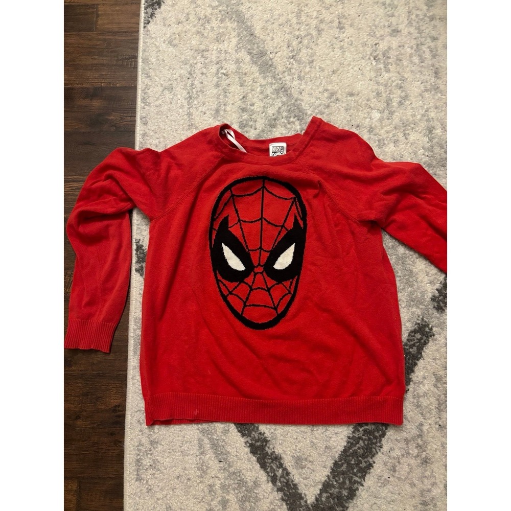 Marvel Comics Spiderman Sweater Knit Pullover Red Graphic Crew Neck Top